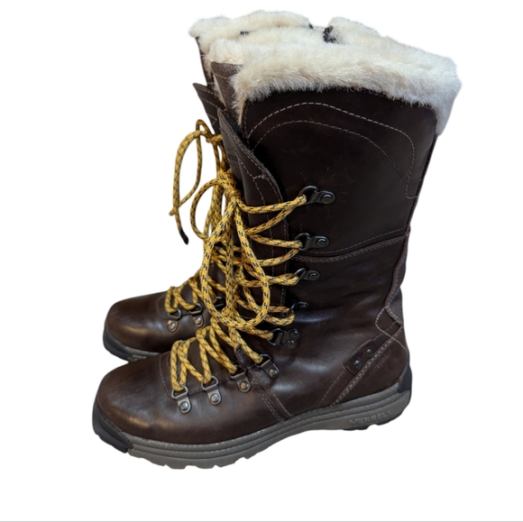 Merrell Natalya Waterproof Brown Leather Faux Fur Lace up Boots 7.5 Gorpcore - Picture 1 of 5